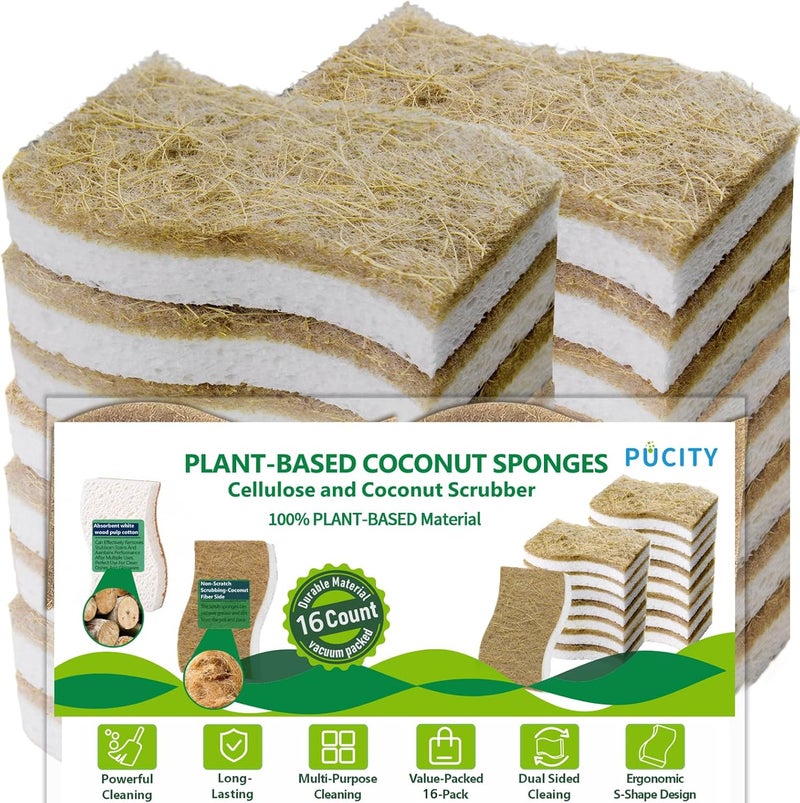 PUCITY Sponges Kitchen Natural Dish Sponge Plant-Based Biodegradable Compostable Cellulose with Coconut Scrubber Sponge Non Scratch Eco Friendly Kitchen sponges for Kitchen Dishes（Pack of 16） - Image 1